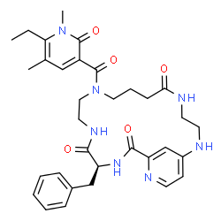 ChemSpider 2D Image | (15S)-15-Benzyl-10-[(6-ethyl-1,5-dimethyl-2-oxo-1,2-dihydro-3-pyridinyl)carbonyl]-2,5,10,13,16,19-hexaazabicyclo[16.3.1]docosa-1(22),18,20-triene-6,14,17-trione | C33H41N7O5