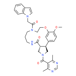 ChemSpider 2D Image | (2S,6R)-4-[(4,6-Dimethyl-5-pyrimidinyl)carbonyl]-12-(1H-indol-1-ylacetyl)-17-methoxy-15-oxa-4,8,12-triazatricyclo[14.3.1.0~2,6~]icosa-1(20),16,18-trien-7-one | C34H38N6O5