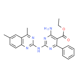ChemSpider 2D Image | Ethyl 4-amino-2-[(4,6-dimethyl-2-quinazolinyl)amino]-6-phenyl-5-pyrimidinecarboxylate | C23H22N6O2