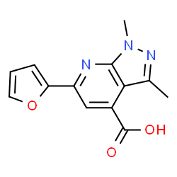 ChemSpider 2D Image | 6-(furan-2-yl)-1,3-dimethylpyrazolo[3,4-b]pyridine-4-carboxylic acid | C13H11N3O3