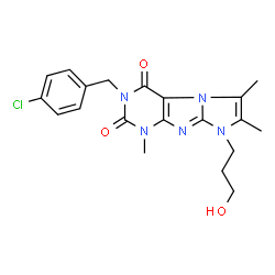 ChemSpider 2D Image | 3-(4-Chlorobenzyl)-8-(3-hydroxypropyl)-1,6,7-trimethyl-1H-imidazo[2,1-f]purine-2,4(3H,8H)-dione | C20H22ClN5O3