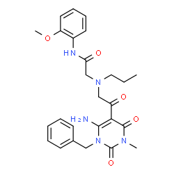 ChemSpider 2D Image | 2-{[2-(6-Amino-1-benzyl-3-methyl-2,4-dioxo-1,2,3,4-tetrahydro-5-pyrimidinyl)-2-oxoethyl](propyl)amino}-N-(2-methoxyphenyl)acetamide | C26H31N5O5