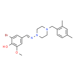 ChemSpider 2D Image | 2-Bromo-4-[(E)-{[4-(2,4-dimethylbenzyl)-1-piperazinyl]imino}methyl]-6-methoxyphenol | C21H26BrN3O2