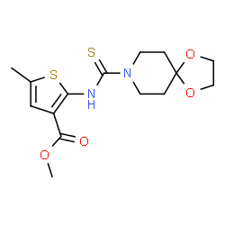 ChemSpider 2D Image | Methyl 2-[(1,4-dioxa-8-azaspiro[4.5]dec-8-ylcarbothioyl)amino]-5-methylthiophene-3-carboxylate | C15H20N2O4S2