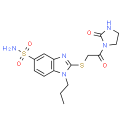 ChemSpider 2D Image | 2-{[2-Oxo-2-(2-oxo-1-imidazolidinyl)ethyl]sulfanyl}-1-propyl-1H-benzimidazole-5-sulfonamide | C15H19N5O4S2