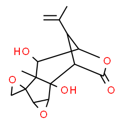 ChemSpider 2D Image | 2,8-Dihydroxy-12-isopropenyl-7-methyl-11H-spiro[4,10-dioxatetracyclo[7.2.1.0~2,7~.0~3,5~]dodecane-6,2'-oxiran]-11-one | C15H18O6