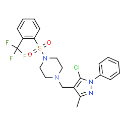 ChemSpider 2D Image | 1-[(5-Chloro-3-methyl-1-phenyl-1H-pyrazol-4-yl)methyl]-4-{[2-(trifluoromethyl)phenyl]sulfonyl}piperazine | C22H22ClF3N4O2S