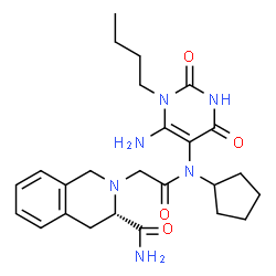 ChemSpider 2D Image | (3S)-2-{2-[(6-Amino-1-butyl-2,4-dioxo-1,2,3,4-tetrahydro-5-pyrimidinyl)(cyclopentyl)amino]-2-oxoethyl}-1,2,3,4-tetrahydro-3-isoquinolinecarboxamide | C25H34N6O4