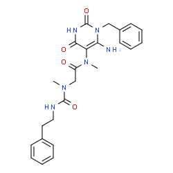 ChemSpider 2D Image | N-(6-Amino-1-benzyl-2,4-dioxo-1,2,3,4-tetrahydro-5-pyrimidinyl)-N,N~2~-dimethyl-N~2~-[(2-phenylethyl)carbamoyl]glycinamide | C24H28N6O4