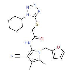 ChemSpider 2D Image | N-[3-Cyano-1-(2-furylmethyl)-4,5-dimethyl-1H-pyrrol-2-yl]-2-[(1-cyclohexyl-1H-tetrazol-5-yl)sulfanyl]acetamide | C21H25N7O2S