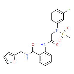 ChemSpider 2D Image | 2-{[N-(3-Fluorophenyl)-N-(methylsulfonyl)glycyl]amino}-N-(2-furylmethyl)benzamide | C21H20FN3O5S