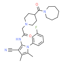 ChemSpider 2D Image | 2-[4-(1-Azepanylcarbonyl)-1-piperidinyl]-N-[3-cyano-1-(3-fluorophenyl)-4,5-dimethyl-1H-pyrrol-2-yl]acetamide | C27H34FN5O2