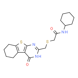 ChemSpider 2D Image | N-Cyclohexyl-2-{[(4-oxo-3,4,5,6,7,8-hexahydro[1]benzothieno[2,3-d]pyrimidin-2-yl)methyl]sulfanyl}acetamide | C19H25N3O2S2