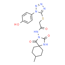 ChemSpider 2D Image | 2-{[1-(4-Hydroxyphenyl)-1H-tetrazol-5-yl]sulfanyl}-N-(8-methyl-2,4-dioxo-1,3-diazaspiro[4.5]dec-3-yl)acetamide | C18H21N7O4S