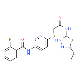 ChemSpider 2D Image | N-[6-({2-[(5-Ethyl-1,3,4-thiadiazolidin-2-yl)amino]-2-oxoethyl}sulfanyl)-3-pyridazinyl]-2-fluorobenzamide | C17H19FN6O2S2