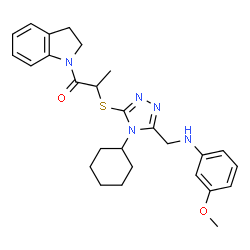 ChemSpider 2D Image | 2-[(4-Cyclohexyl-5-{[(3-methoxyphenyl)amino]methyl}-4H-1,2,4-triazol-3-yl)sulfanyl]-1-(2,3-dihydro-1H-indol-1-yl)-1-propanone | C27H33N5O2S