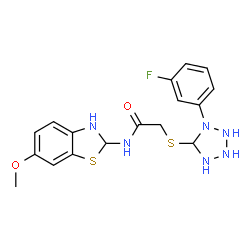 ChemSpider 2D Image | 2-{[1-(3-Fluorophenyl)-5-tetrazolidinyl]sulfanyl}-N-(6-methoxy-2,3-dihydro-1,3-benzothiazol-2-yl)acetamide | C17H19FN6O2S2