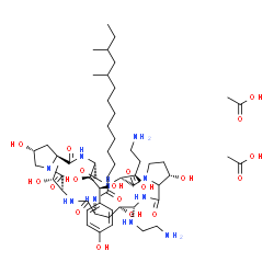 ChemSpider 2D Image | N-{(2R,6S,9R,11R,12S,15S,20S,23S,25aS)-12-[(2-Aminoethyl)amino]-20-[(1R)-3-amino-1-hydroxypropyl]-23-[(1S,2S)-1,2-dihydroxy-2-(4-hydroxyphenyl)ethyl]-2,11,15-trihydroxy-6-[(1R)-1-hydroxyethyl]-5,8,14,
19,22,25-hexaoxotetracosahydro-1H-dipyrrolo[2,1-c:2',1'-l][1,4,7,10,13,16]hexaazacyclohenicosin-9-yl}-10,12-dimethyltetradecanamide acetate (1:2) | C56H96N10O19