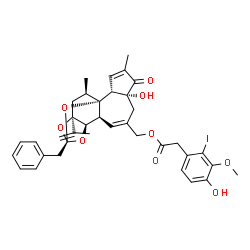 ChemSpider 2D Image | [(1S,2R,6R,10S,11R,13S,15R,17R)-13-Benzyl-6-hydroxy-15-isopropenyl-4,17-dimethyl-5-oxo-12,14,18-trioxapentacyclo[11.4.1.0~1,10~.0~2,6~.0~11,15~]octadeca-3,8-dien-8-yl]methyl (4-hydroxy-2-iodo-3-methox
yphenyl)acetate | C37H39IO9