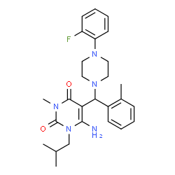 ChemSpider 2D Image | 6-Amino-5-{[4-(2-fluorophenyl)-1-piperazinyl](2-methylphenyl)methyl}-1-isobutyl-3-methyl-2,4(1H,3H)-pyrimidinedione | C27H34FN5O2