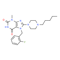 ChemSpider 2D Image | 7-(2-Fluorobenzyl)-3-methyl-8-(4-pentyl-1-piperazinyl)-3,7-dihydro-1H-purine-2,6-dione | C22H29FN6O2