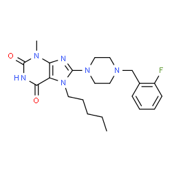 ChemSpider 2D Image | 8-[4-(2-Fluorobenzyl)-1-piperazinyl]-3-methyl-7-pentyl-3,7-dihydro-1H-purine-2,6-dione | C22H29FN6O2