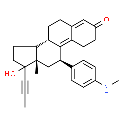 ChemSpider 2D Image | (8S,11R,13S)-17-Hydroxy-13-methyl-11-[4-(methylamino)phenyl]-17-(1-propyn-1-yl)-1,2,6,7,8,11,12,13,14,15,16,17-dodecahydro-3H-cyclopenta[a]phenanthren-3-one (non-preferred name) | C28H33NO2