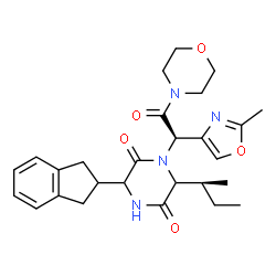 ChemSpider 2D Image | 6-[(2S)-2-Butanyl]-3-(2,3-dihydro-1H-inden-2-yl)-1-[(1R)-1-(2-methyl-1,3-oxazol-4-yl)-2-(4-morpholinyl)-2-oxoethyl]-2,5-piperazinedione | C27H34N4O5
