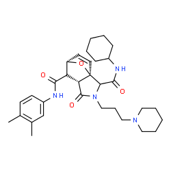 ChemSpider 2D Image | (1R,5R,6R,7S)-N~2~-Cyclohexyl-N~6~-(3,4-dimethylphenyl)-4-oxo-3-[3-(1-piperidinyl)propyl]-10-oxa-3-azatricyclo[5.2.1.0~1,5~]dec-8-ene-2,6-dicarboxamide | C32H44N4O4