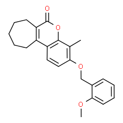 ChemSpider 2D Image | 3-[(2-Methoxybenzyl)oxy]-4-methyl-8,9,10,11-tetrahydrocyclohepta[c]chromen-6(7H)-one | C23H24O4