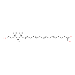 ChemSpider 2D Image | (5E,8E,11E,14E)-20-Hydroxy(16,16,17,17,18,18-~2~H_6_)-5,8,11,14-icosatetraenoic acid | C20H26D6O3