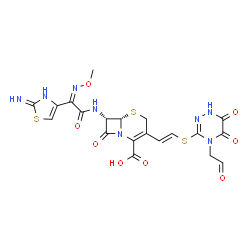 ChemSpider 2D Image | (6S,7S)-3-[(E)-2-{[5,6-Dioxo-4-(2-oxoethyl)-1,4,5,6-tetrahydro-1,2,4-triazin-3-yl]sulfanyl}vinyl]-7-{[(2Z)-2-(2-imino-2,3-dihydro-1,3-thiazol-4-yl)-2-(methoxyimino)acetyl]amino}-8-oxo-5-thia-1-azabicy
clo[4.2.0]oct-2-ene-2-carboxylic acid | C20H18N8O8S3