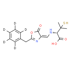 ChemSpider 2D Image | N-[(E)-{5-Oxo-2-[(~2~H_5_)phenylmethyl]-1,3-oxazol-4(5H)-ylidene}methyl]-3-sulfanyl-D-valine | C16H13D5N2O4S