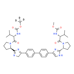 ChemSpider 2D Image | (~2~H_3_)Methyl {(2S)-1-[(2R)-2-{5-[4'-(2-{(2R)-1-[N-(methoxycarbonyl)-D-valyl]-2-pyrrolidinyl}-1H-imidazol-4-yl)-4-biphenylyl]-4H-imidazol-2-yl}-1-pyrrolidinyl]-3-methyl-1-oxo-2-butanyl}carbamate | C40H47D3N8O6
