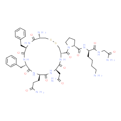 ChemSpider 2D Image | 1-{[(4S,7R,10R,13S,16R,19S)-19-Amino-7-(2-amino-2-oxoethyl)-10-(3-amino-3-oxopropyl)-13,16-dibenzyl-6,9,12,15,18-pentaoxo-1,2-dithia-5,8,11,14,17-pentaazacycloicosan-4-yl]carbonyl}-D-prolyl-D-lysylgly
cinamide | C46H65N13O11S2