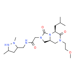 ChemSpider 2D Image | N-[(2,5-Dimethyl-3-pyrazolidinyl)methyl]-2-[(5S,8aS)-5-isobutyl-7-(2-methoxyethyl)-3,6-dioxohexahydroimidazo[1,5-a]pyrazin-2(3H)-yl]acetamide | C21H38N6O4