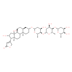 ChemSpider 2D Image | (3alpha,5alpha,8alpha,9xi,10alpha,13alpha,14alpha,16alpha,17alpha)-3-{[2,6-Dideoxy-beta-L-ribo-hexopyranosyl-(1->4)-2,6-dideoxy-beta-L-ribo-hexopyranosyl-(1->4)-2,6-dideoxy-L-ribo-hexopyranosyl]oxy}-1
4,16-dihydroxycard-20(22)-enolide | C41H64O14