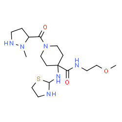 ChemSpider 2D Image | N-(2-Methoxyethyl)-1-[(2-methyl-3-pyrazolidinyl)carbonyl]-4-(1,3-thiazolidin-2-ylamino)-4-piperidinecarboxamide | C17H32N6O3S