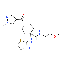 ChemSpider 2D Image | N-(2-Methoxyethyl)-1-[(1-methyl-4-pyrazolidinyl)carbonyl]-4-(1,3-thiazolidin-2-ylamino)-4-piperidinecarboxamide | C17H32N6O3S