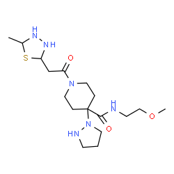 ChemSpider 2D Image | N-(2-Methoxyethyl)-1-[(5-methyl-1,3,4-thiadiazolidin-2-yl)acetyl]-4-(1-pyrazolidinyl)-4-piperidinecarboxamide | C17H32N6O3S
