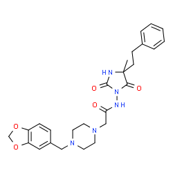 ChemSpider 2D Image | 2-[4-(1,3-Benzodioxol-5-ylmethyl)-1-piperazinyl]-N-[4-methyl-2,5-dioxo-4-(2-phenylethyl)-1-imidazolidinyl]acetamide | C26H31N5O5