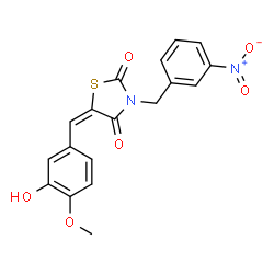 ChemSpider 2D Image | (5E)-5-(3-Hydroxy-4-methoxybenzylidene)-3-(3-nitrobenzyl)-1,3-thiazolidine-2,4-dione | C18H14N2O6S