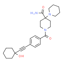 ChemSpider 2D Image | 1'-{4-[(1-Hydroxycyclohexyl)ethynyl]benzoyl}-1,4'-bipiperidine-4'-carboxamide | C26H35N3O3