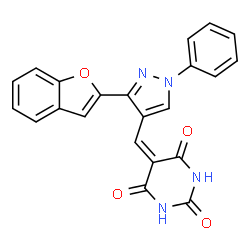 ChemSpider 2D Image | 5-{[3-(1-Benzofuran-2-yl)-1-phenyl-1H-pyrazol-4-yl]methylene}-2,4,6(1H,3H,5H)-pyrimidinetrione | C22H14N4O4