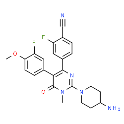 ChemSpider 2D Image | 4-[2-(4-Amino-1-piperidinyl)-5-(3-fluoro-4-methoxyphenyl)-1-methyl-6-oxo-1,6-dihydro-4-pyrimidinyl]-2-fluorobenzonitrile | C24H23F2N5O2