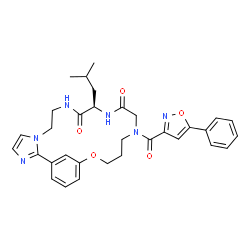 ChemSpider 2D Image | (11R)-11-Isobutyl-15-[(5-phenyl-1,2-oxazol-3-yl)carbonyl]-19-oxa-3,6,9,12,15-pentaazatricyclo[18.3.1.0~2,6~]tetracosa-1(24),2,4,20,22-pentaene-10,13-dione | C32H36N6O5