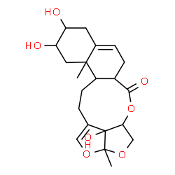 ChemSpider 2D Image | 10,11,14b-Trihydroxy-2a,12a-dimethyl-2a,4,4a,6a,7,9,10,11,12,12a,12b,13,14,14b-tetradecahydro-6H-2,3,5-trioxapentaleno[1',6':5,6,7]cyclonona[1,2-a]naphthalen-6-one | C21H28O7