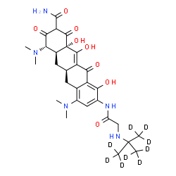 ChemSpider 2D Image | (4S,4aS,5aR,12aS)-4,7-Bis(dimethylamino)-10,12,12a-trihydroxy-9-({N-[2-(~2~H_3_)methyl(~2~H_6_)-2-propanyl]glycyl}amino)-1,3,11-trioxo-1,2,3,4,4a,5,5a,6,11,12a-decahydro-2-tetracenecarboxamide | C29H30D9N5O8