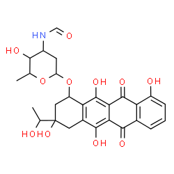 ChemSpider 2D Image | 3,5,10,12-Tetrahydroxy-3-(1-hydroxyethyl)-6,11-dioxo-1,2,3,4,6,11-hexahydro-1-tetracenyl 2,3,6-trideoxy-3-formamidohexopyranoside | C27H29NO11