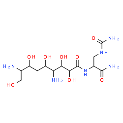 ChemSpider 2D Image | 4,8-Diamino-N-[1-amino-3-(carbamoylamino)-1-oxo-2-propanyl]-2,3,5,7,9-pentahydroxynonanamide | C13H28N6O8